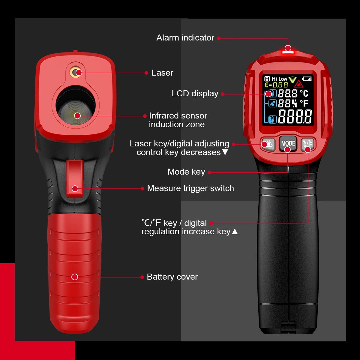 HABOTEST HT650 Digital Infrared Thermometer-50~380/550/800 Laser Non-Contact Pizza BBQ Grill Engine Industry IR Thermometer Gun