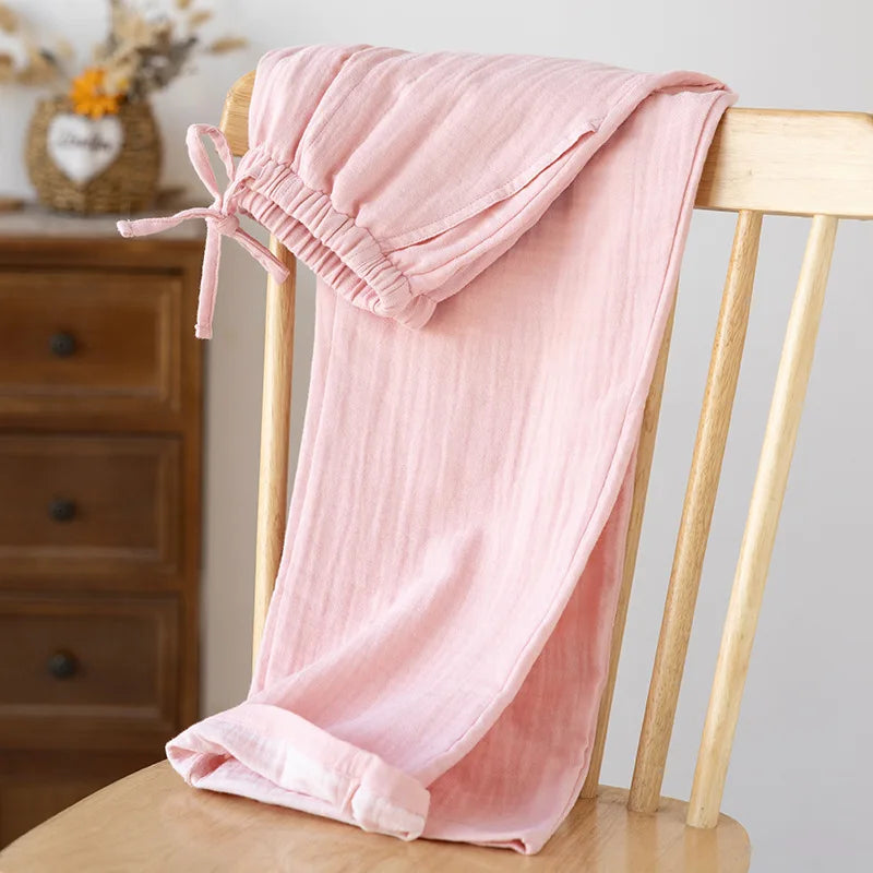 Men's and Women's Pajama Pants Yarn-dyed Pure Cotton Home Pants Casual Loose Thin Solid Color Lounge Wear Elastic Waist Bottoms