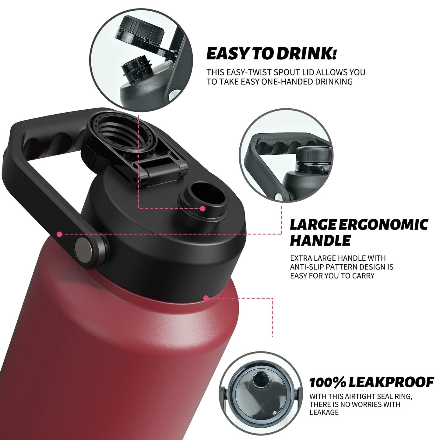 WATERSY 64/87/128oz Insulated Water Bottle Keep Cold for 48H 2L Large Stainless Steel Thermos with Handle for Gym Hiking Camping