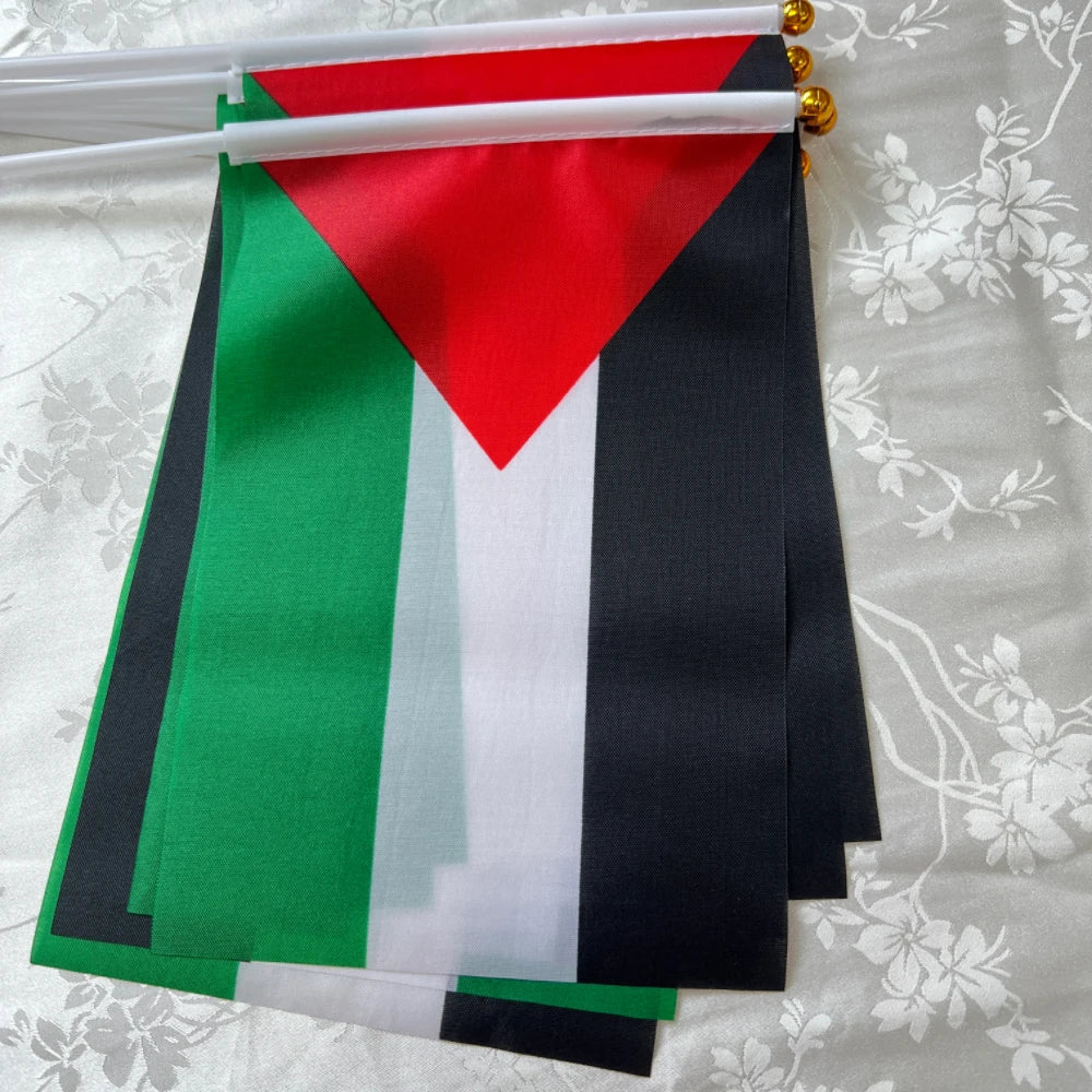 Palestine Flag 14x21cm Portable Hand Waving Palestinian Banner Polyester Fade-Resistance Plastic Flagpole for Events
