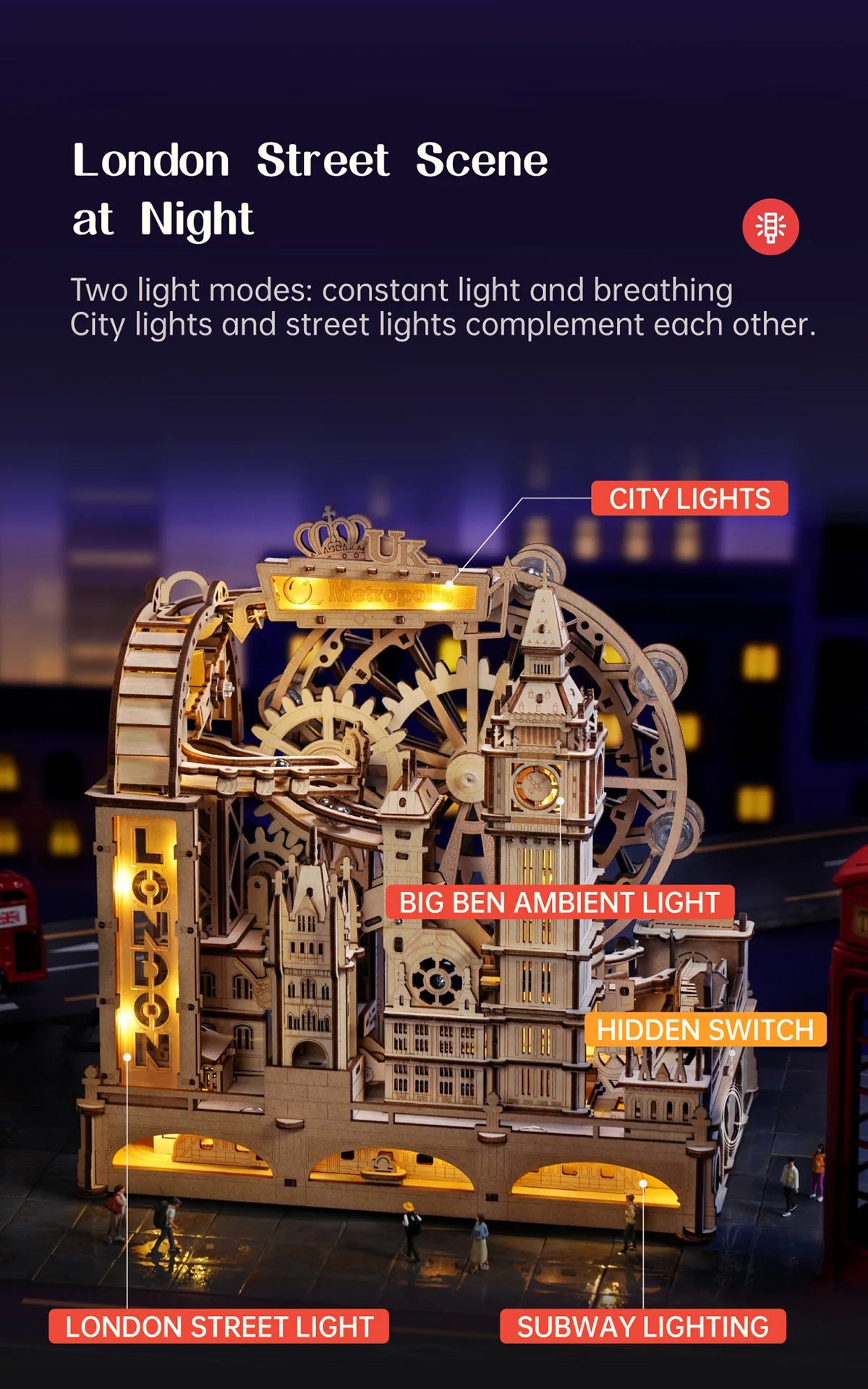 3D Wooden Puzzle Marble Run Building Kit London City Model with Lights Mechanical DIY Landmark Puzzle for Adults Teens