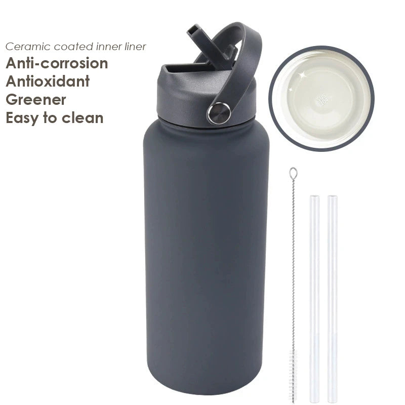 1000ML Water Bottle With Straw Lid Vacuum Insulated FlaskThermos Tumbler Ceramic Anti-Corrosion Coating Custom Gifts
