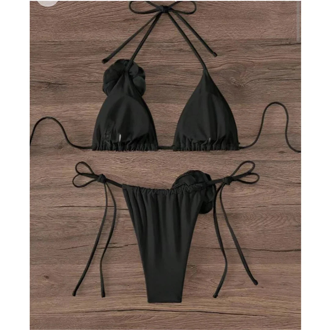 S - XL Sexy 3D Flowers Halter Strappy Bikini Women Swimwear Female Swimsuit Two-pieces Bikini set Bather Bathing Suit Swim