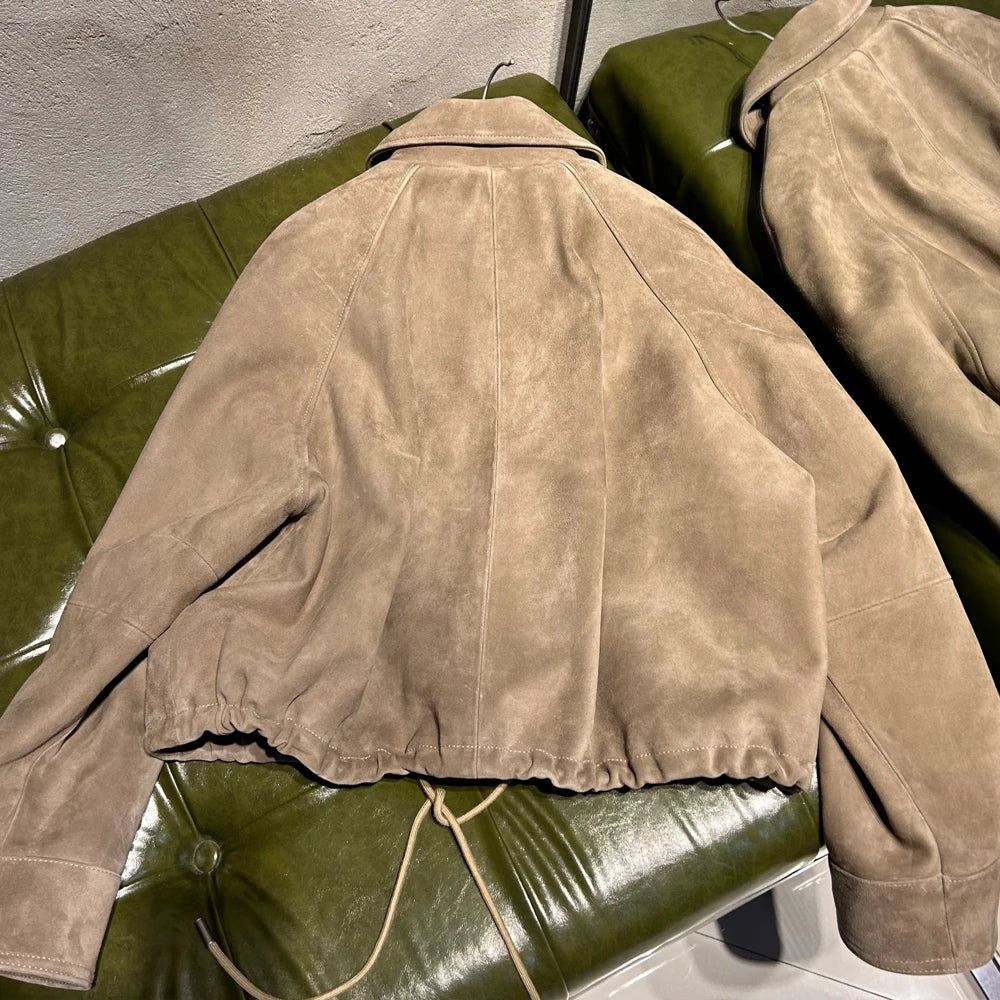 Women's Vintage Suede Jackets Real Sheep Suede Jacket Long Sleeves 2025 Autumn Outerwear