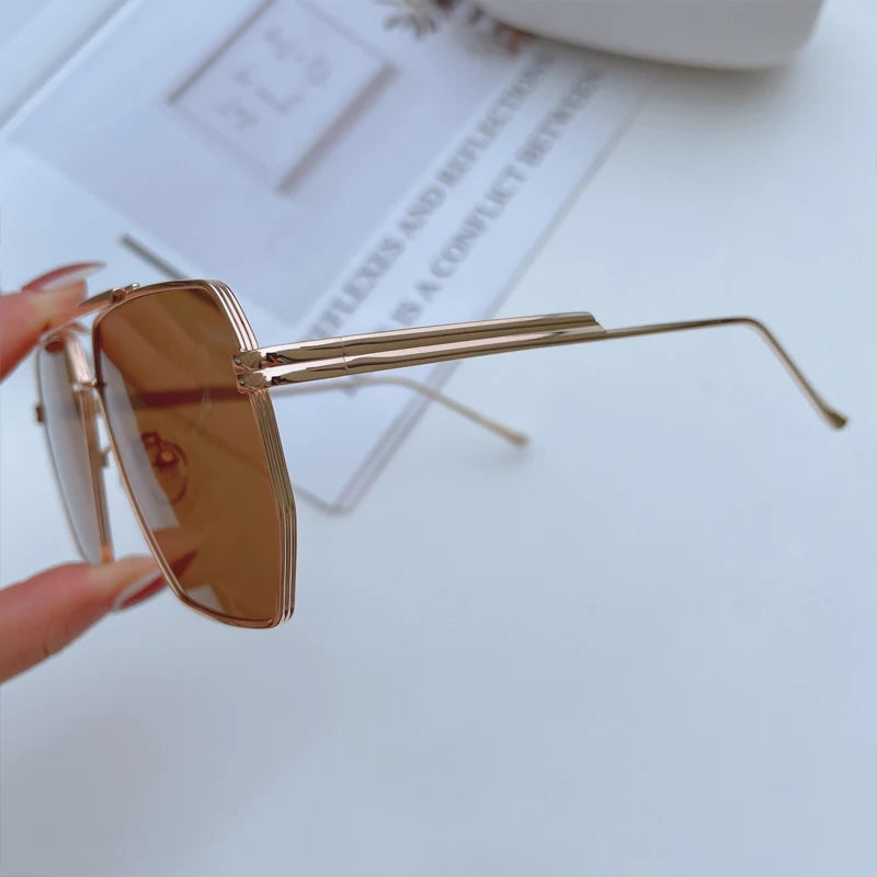 High Quality Square Polarized Sunglasses For Women Retro Oversized Double Bridge Sun Glasses Men Luxury Big Metal Goggle Shades