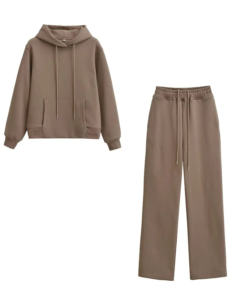 HH Women Solid Pants Suits Pullover Coats Hooded Sweatshirts Drawstring Wide Leg Trousers Autumn Casual Woman Jogging Pants Sets