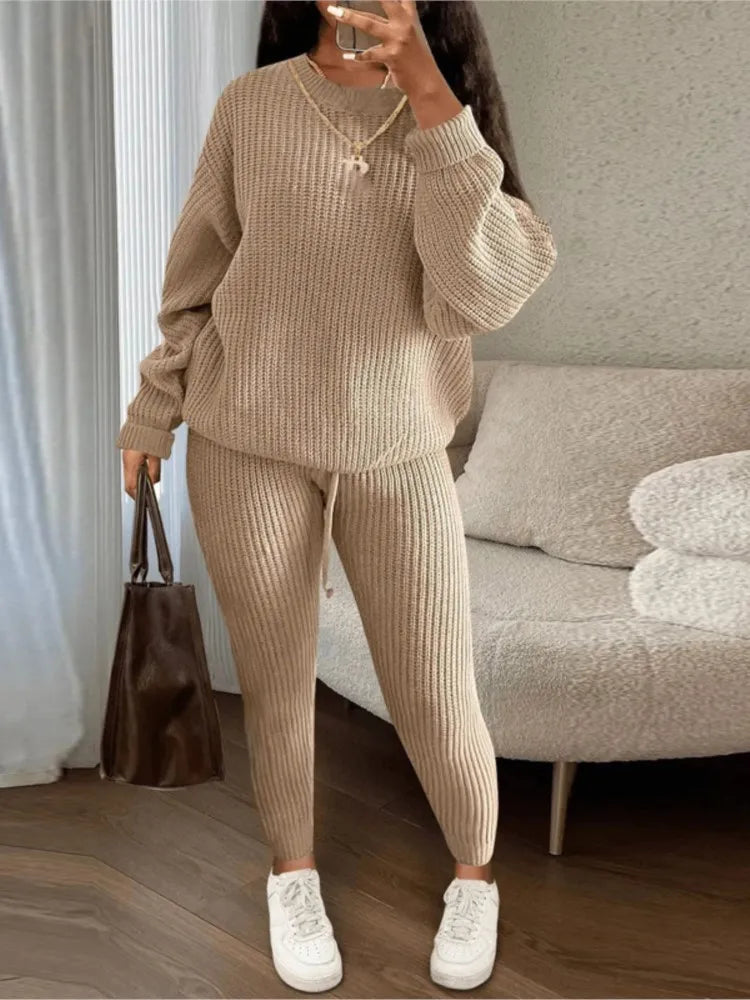 Fashion Casual Knitted Suits Long Pants Suits Women's Woolen Suits New Fashion Elegant Casual Solid Two Piece Outfits Woman