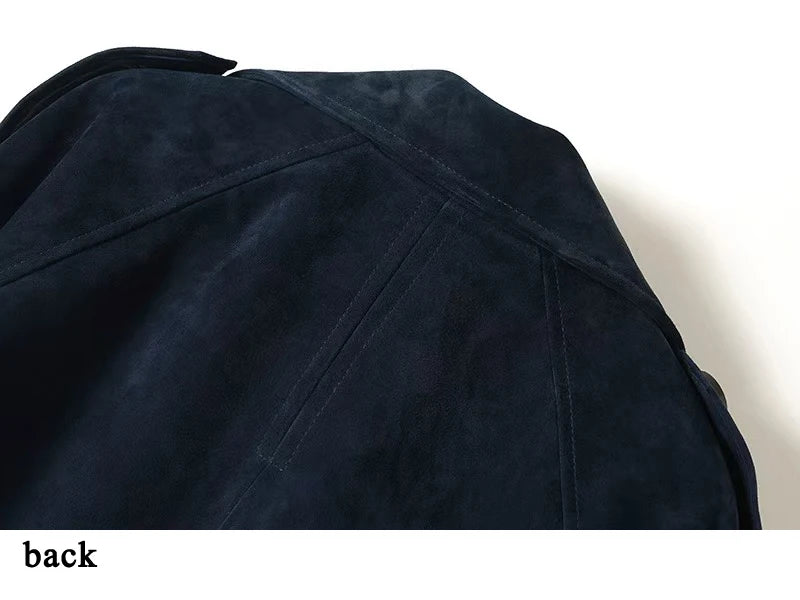 Kid Suede Leather Jacket for Women Branded New 2025 Old Money Double Breasted Short  Jacket Femme Big Lapel Epaulet Trench Coat