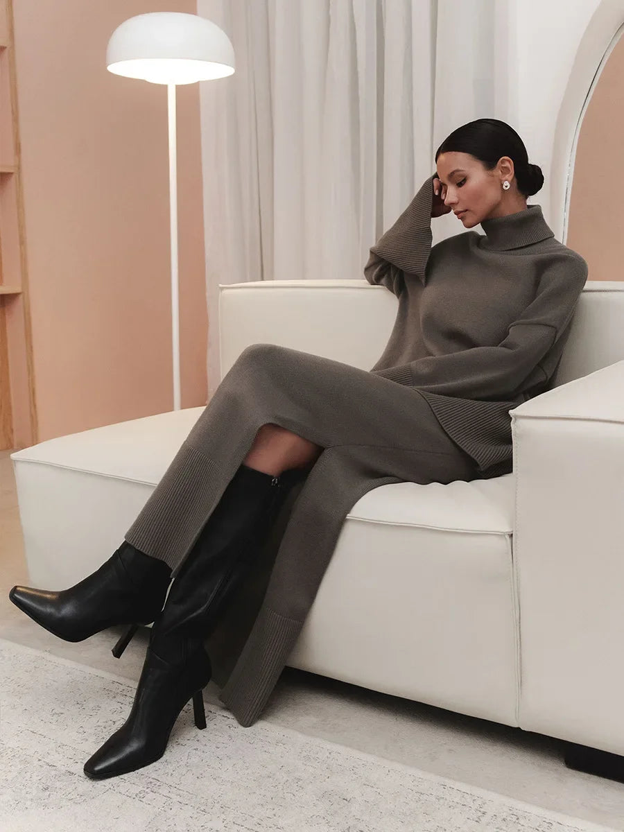 Wolfeel Winter New Thick Women's 2 Pieces Knitted Skirt Suits Soft Turtleneck Sweater Wide Skirt Knitted Outfit Stylish Warm