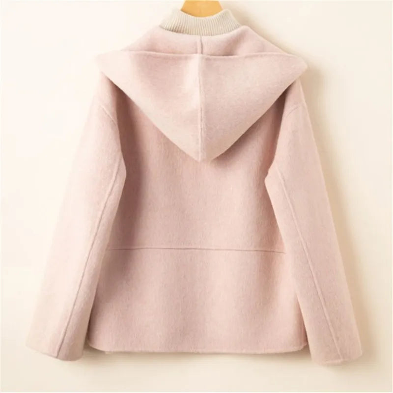 Elegant Woolen Coat Woman 2025 Winter New Fashion Pink Hooded Short Zipper Double-Sided Wool Jacket Ladies Slim Outerwear B810