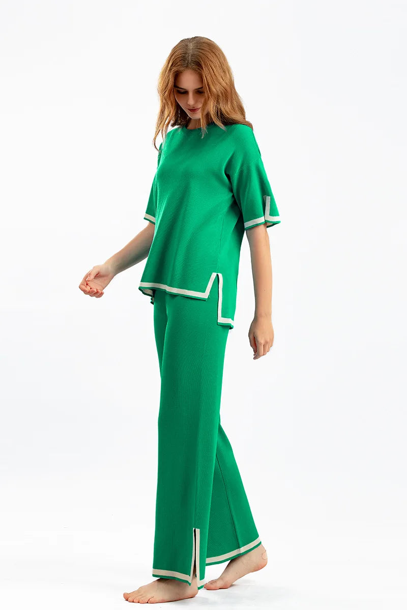 Pants Set Women Two Piece Sets Short Sleeve Spring Knit Tops Loose Casual Wide Leg Long Pants High Waist Y2k Streetwear Spring