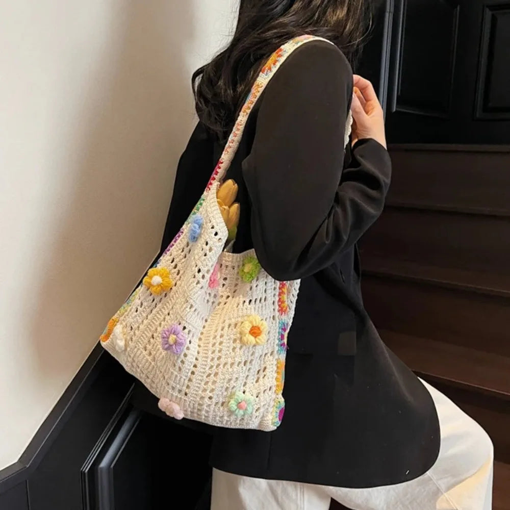 Fashion Large Capacity Women Shoulder Bag Floral Crochet Vintage Handbag Boho Hollow Out Knitted Crossbody Bags