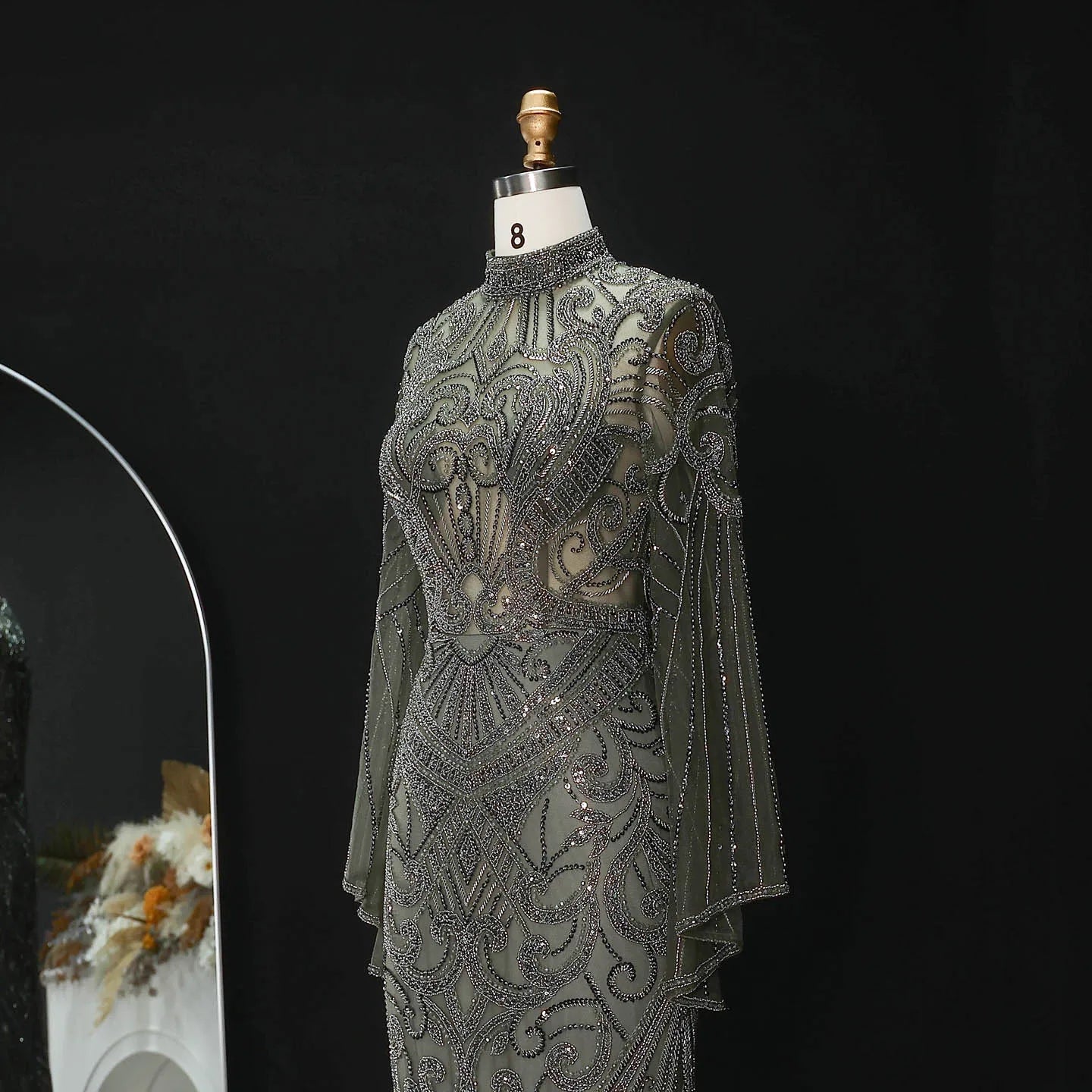 Sharon Said Dubai Black Evening Dress Geometric Beaded Pattern Long Flare Sleeve شارون سعيد Women Formal Prom Gown SS055 Custom
