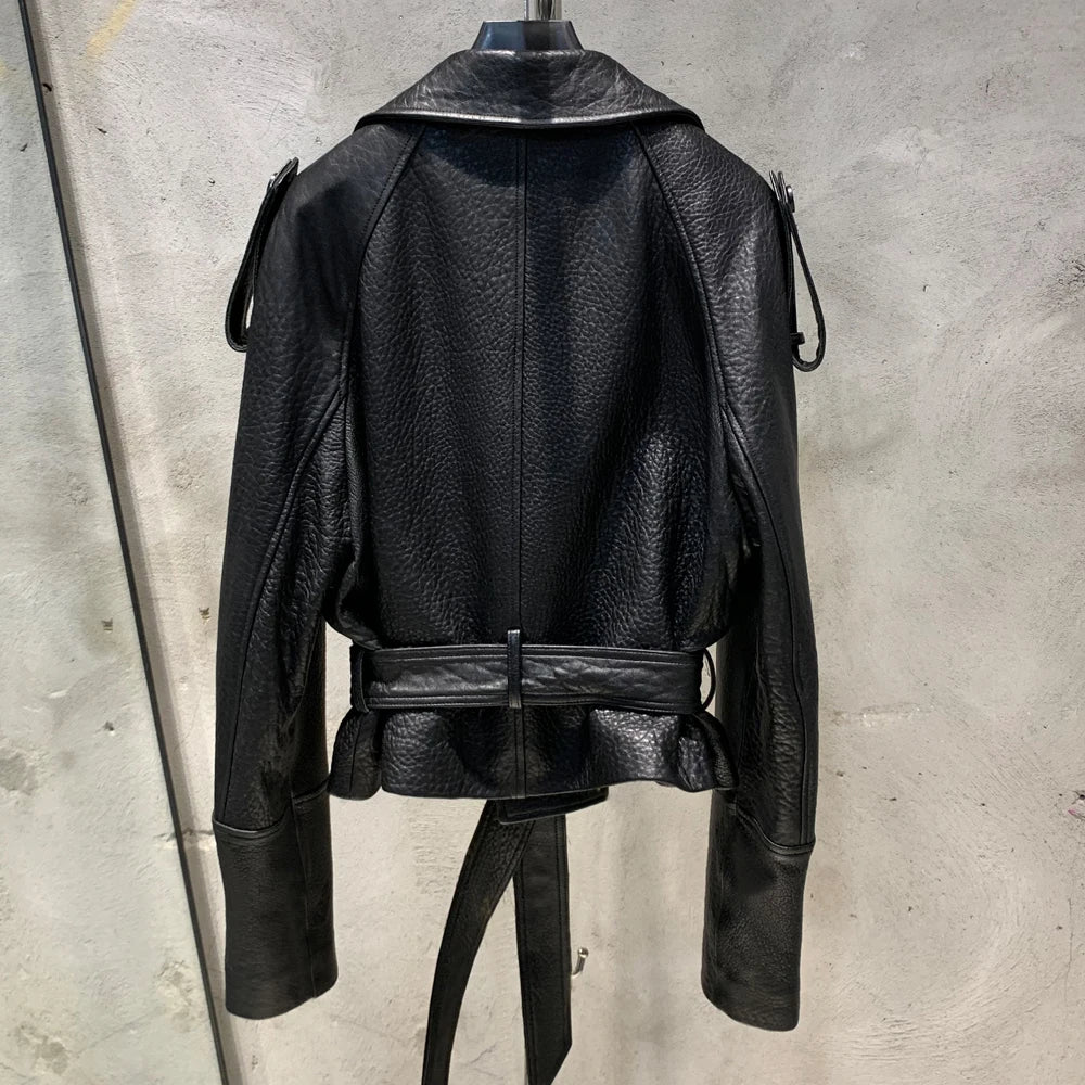 Women Casul Leather Jackets Short Windbreak Design Genuine Grained Sheep Leather Coats Lady