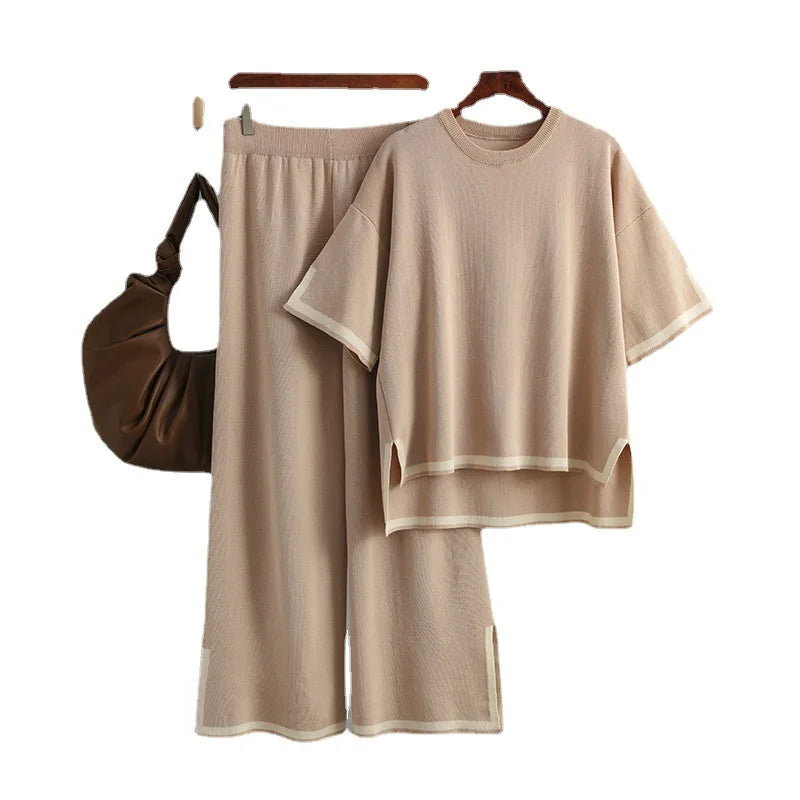 Pants Set Women Two Piece Sets Short Sleeve Spring Knit Tops Loose Casual Wide Leg Long Pants High Waist Y2k Streetwear Spring