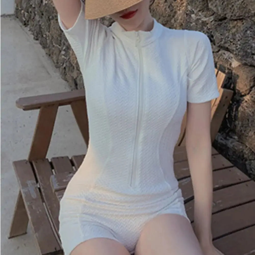 New Fashion Short Sleeve Swimming Suit Solid Half High Collar Bathing Suit Blue High Neck Rash Guard Swimming
