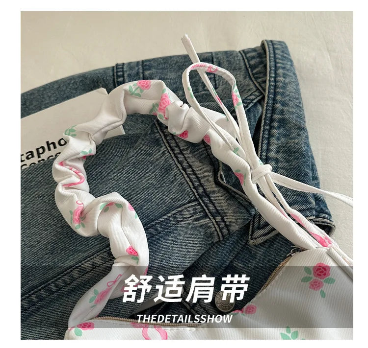 Women's Bags 2025 Summer Nylon Pleated Handbags Armpit Bag Korean Floral Bow Printed Zipper Tote Bag Female Small Shoulder Bags