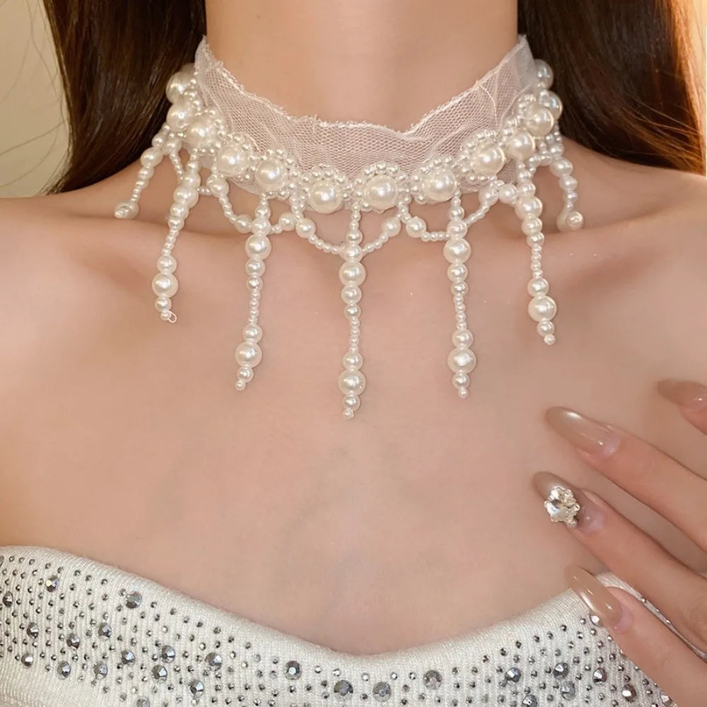 Neck Pendant White Pearl Lace Choker Alloy Creative Tassel Beads Necklace French Style Collarbone Chain Mesh Neck Jewelry Women