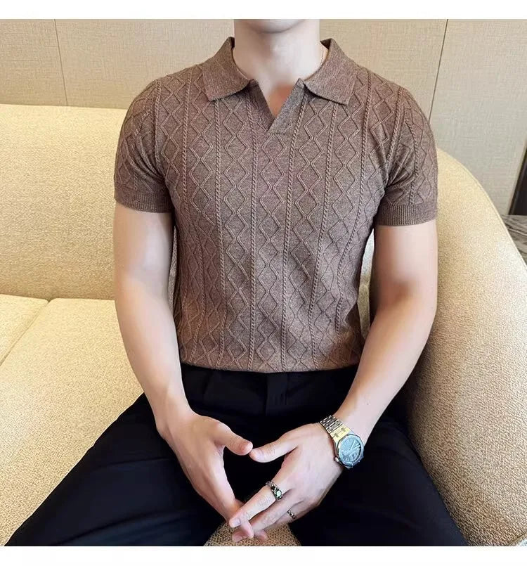 Polo Style Sweaters for Men Summer New Slim Fit Short Sleeve Business Casual T-shirts Male Solid Turn Down Collar Knitwear Tops