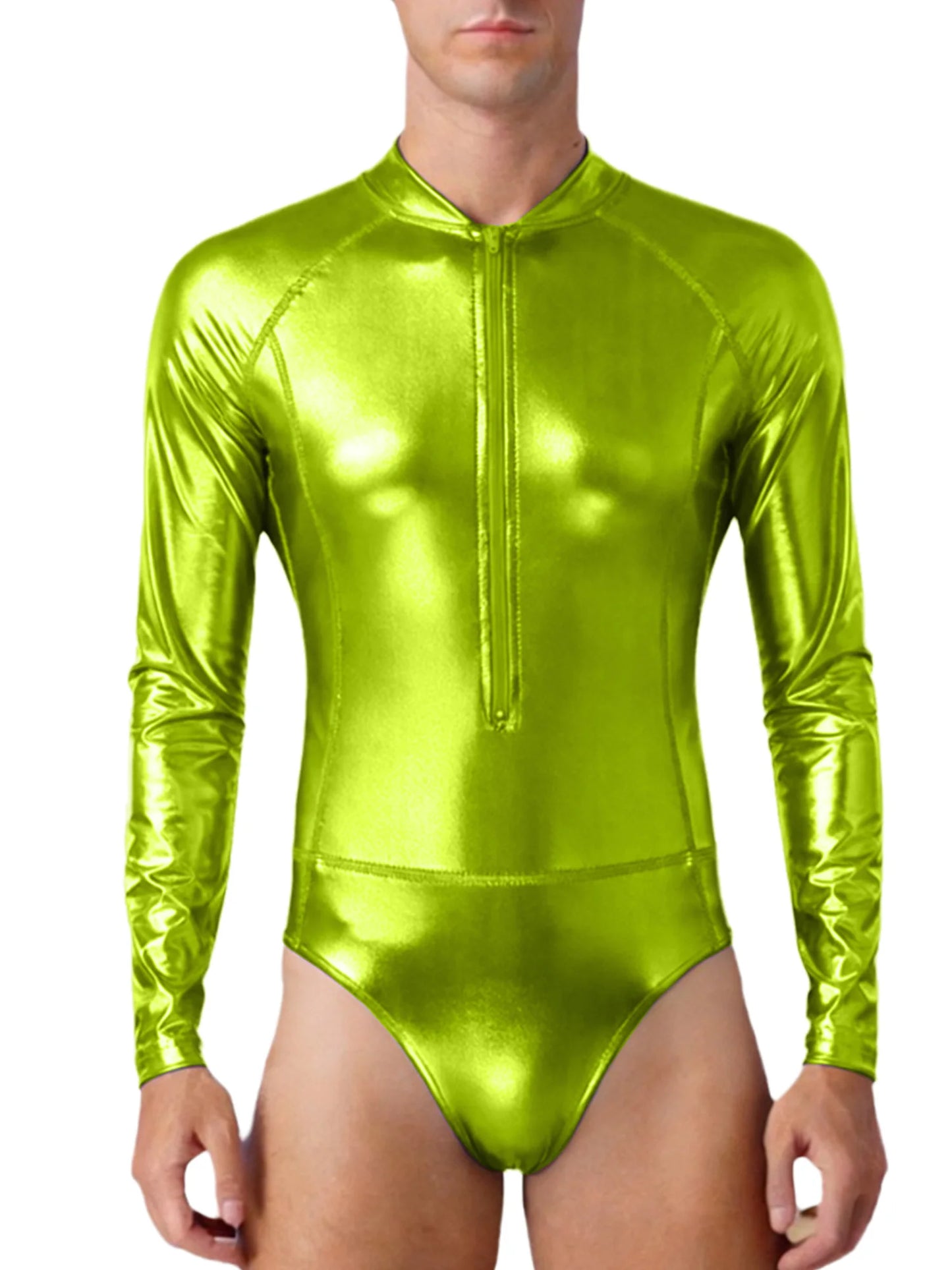 Mens Bathing Suits Swimsuits Metallic Shiny Bodysuit Long Sleeve One-piece for Nightclub Jazz Dance Beach Gymnastics Leotard