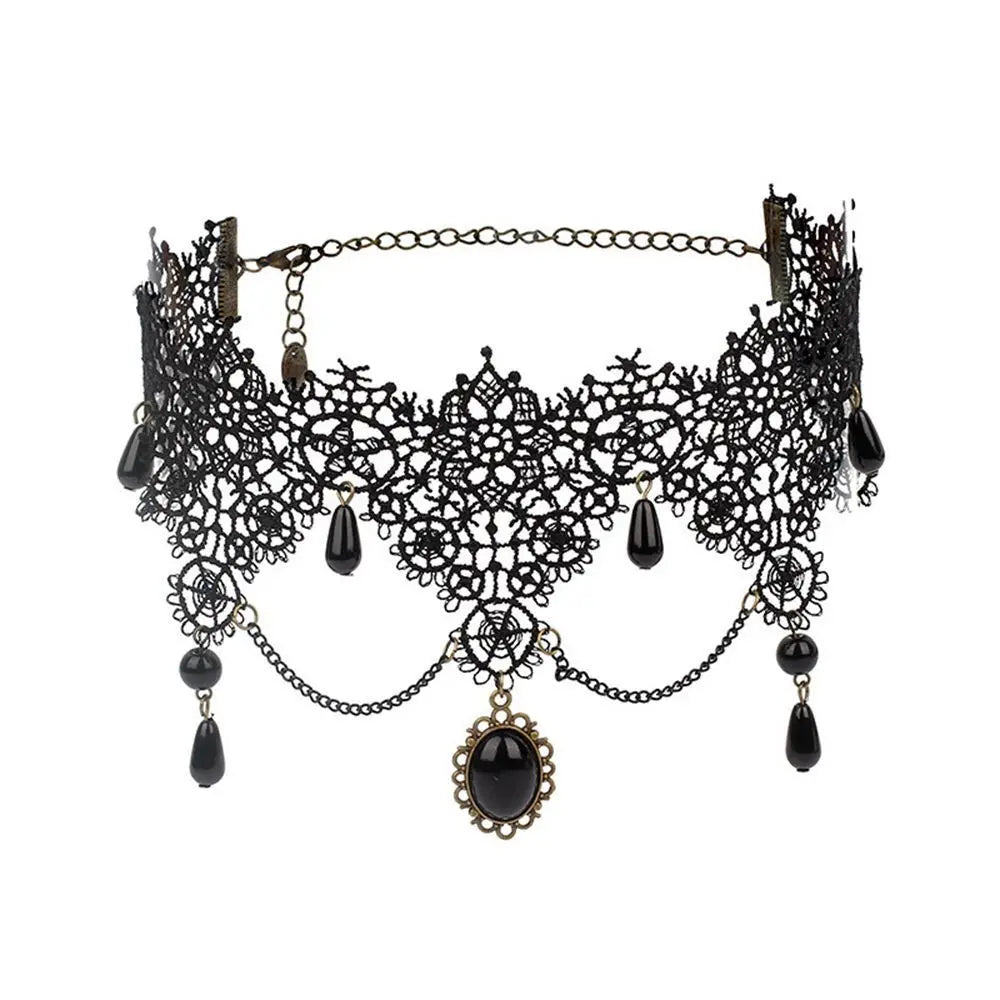 Sexy Neck Chain Steampunk Style Collar Chocker Gemstone Pendant Black Lace Gothic Necklace