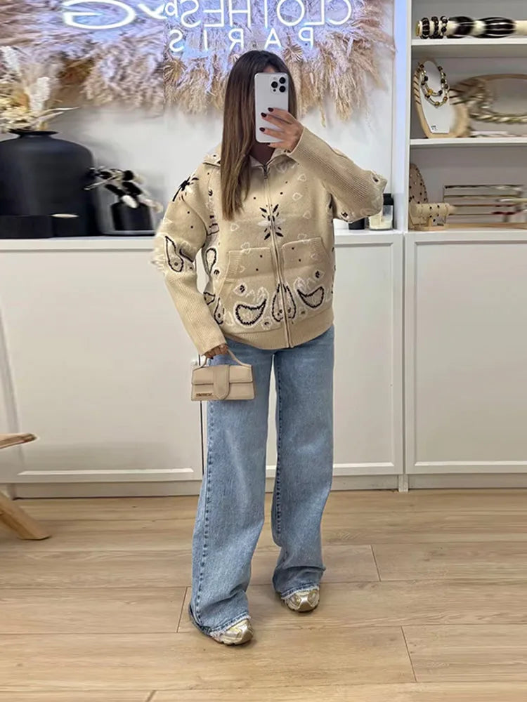 Jacquard Knitted Women's Cardigan Sweater Fashion Zipper Loose Pocket Casual Lady Sweaters 2026 Spring Street Long Sleeve Top