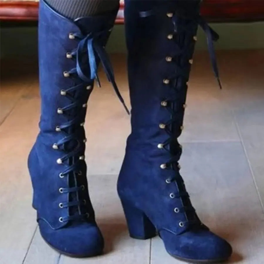 Winter Autumn Woman Knee High Boots Woman Long Boots Lace Up Fashion Woman Boots Footwear 35-43 Purple Square Heel Women Shoes