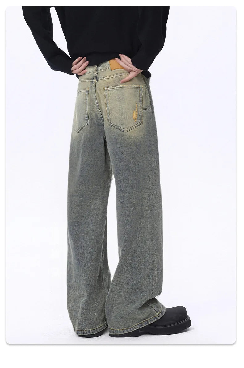 2025 Stylish Minimalistic Washed Ripped Denim Pants for Men Retro High Street Loose Wide Leg Pants for Spring and Autumn