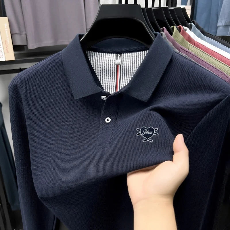 100% pure cotton men long sleeved polo shirt autumn new high-end brand heart-shaped embroidery comfortable casual lapel T-shirt