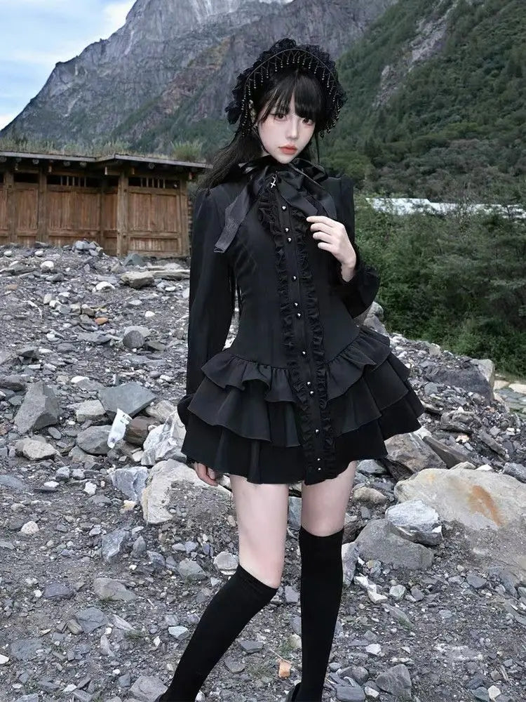 Gothic Subculture Vintage Black Dress Women Autumn Lace Long Sleeve Slim New Dresses Design Darkly Y2k A-line Hot Girl Clothes