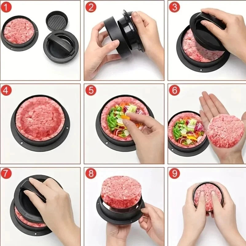 FAIS DU Hamburger Press Stuffed Burger Press 3 in 1 Hamburger Maker Mold Patty Maker Rings Molds Kit Kitchen Tool