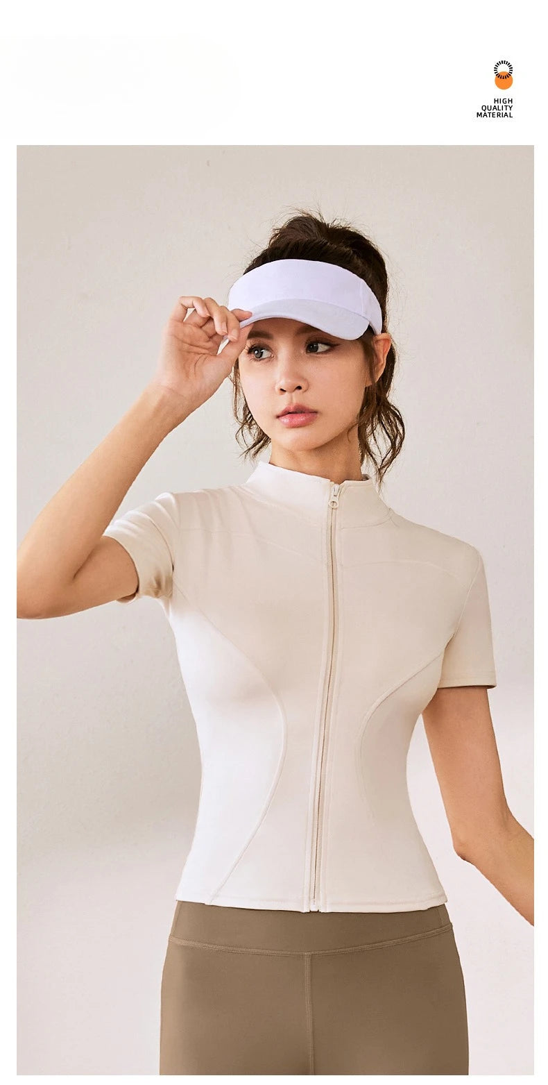 Summer High Quality Waist Slimming Training Tops Women's Quick-drying Tight Stand Collar Full Zipper Short Sleeves Yoga shirts