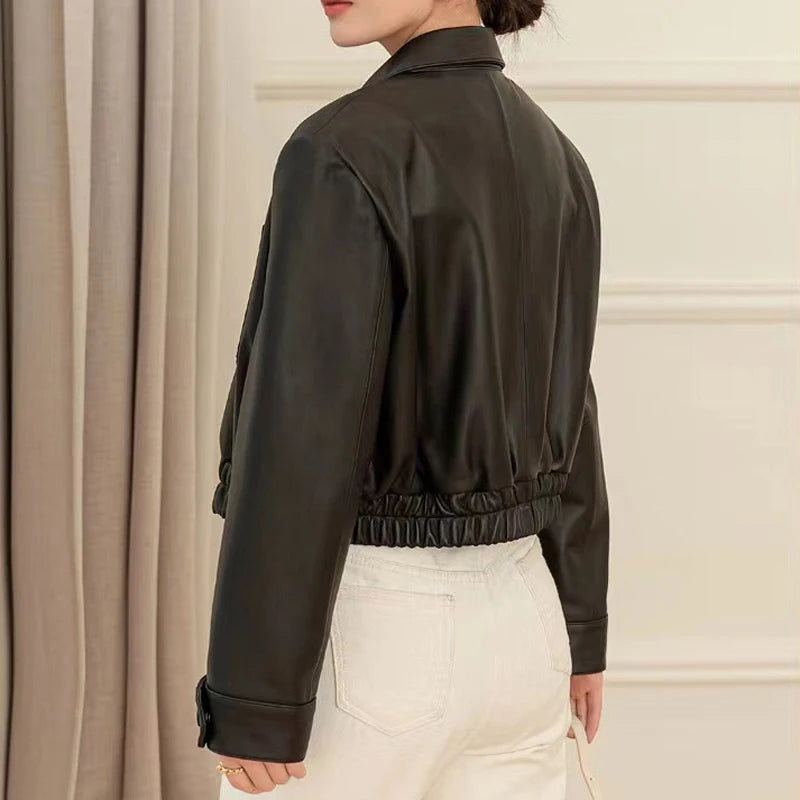 European 2025 New Fashion Short Leather Jacket For Women Casual Elastic Band Waist Top Clothing Mujer Varsity Claret Veste