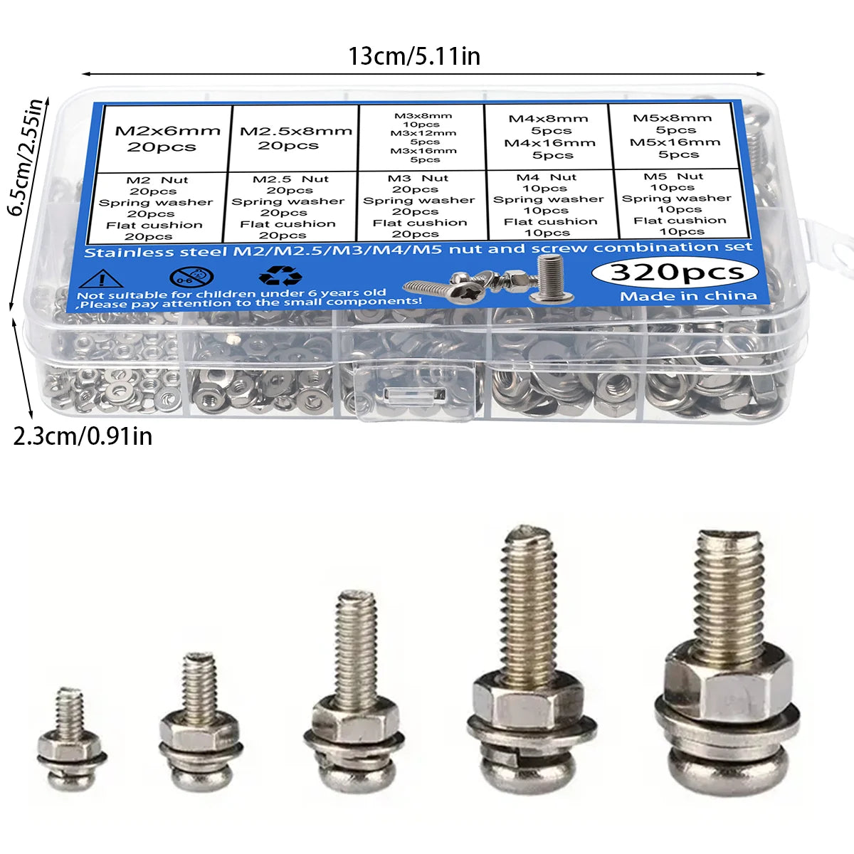 320pcs Stainless Steel Screw Nut Bolt Assortment Kit M2 M2.5 M3 M4 M5 Nuts and Bolts Assortment