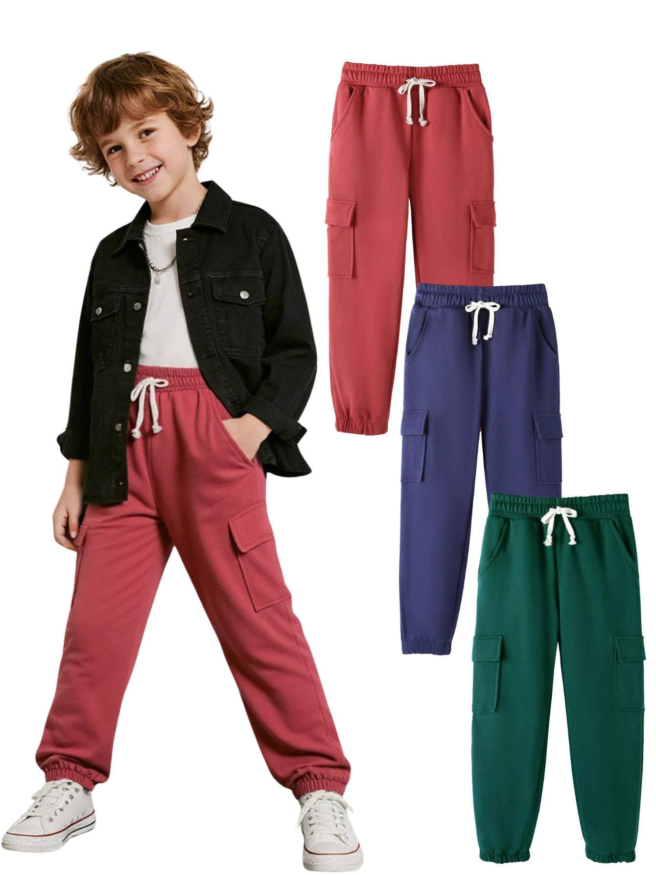 Three piece set of boys' pants with red, green, blue drawstring, large pocket, outdoor casual workwear, sanitary pants