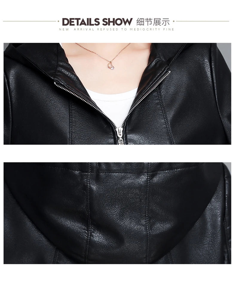 New Women Casual Leather Jacket Spring Autumn Fashion Hooded Zipper Split Leather Loose Outerwear Short Sheepskin Tops Coat
