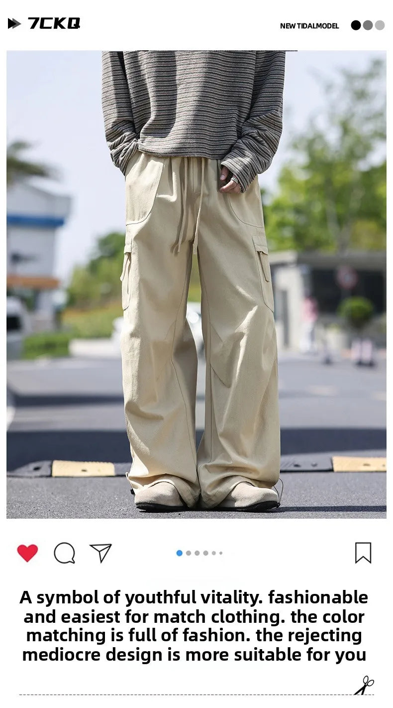 Men's work pants  black straight tube loose paratrooper pants  spring and autumn men's pants  wide leg 2025 new casual pants