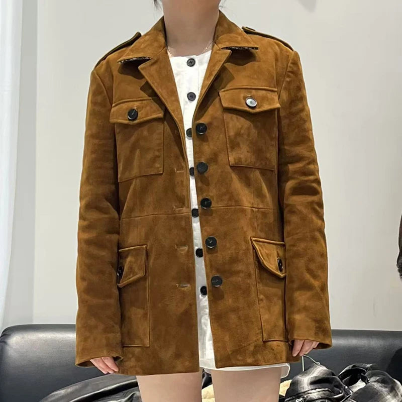 Luxury High-end Kid Suede Leather Jacket for Women Winter Pockets Slimming Coat Filled With Mulberry Silk Deep Coffee Warm Veste