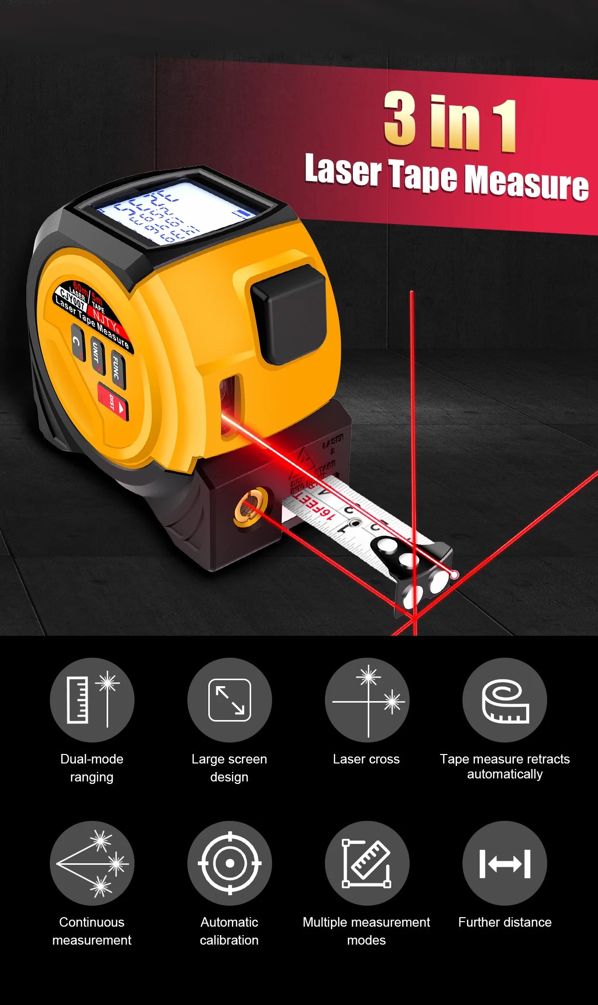 3-in-1 Laser Tape Measure British 60m/196ft  40m/131ft Laser Distance Meter Cross Laser Level Belt Buckle Design Self-lock Tools