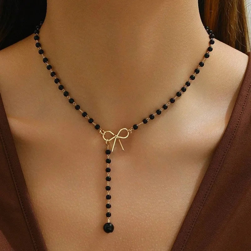 New Imitation Pearl Tassel Necklace for Women Black White Color Beads Choker Necklace Gift for Friend Wholesale Dropshipping