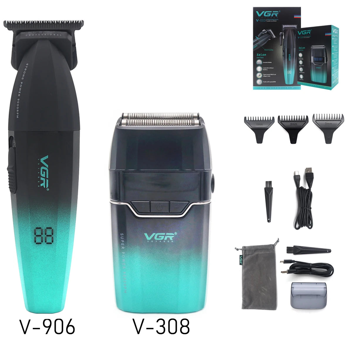 VGR V308 Beard Trimmer for Men Double Foil Full Metal LCD Display 9000RPM Electric Shaver Barber Professional Barber Machines