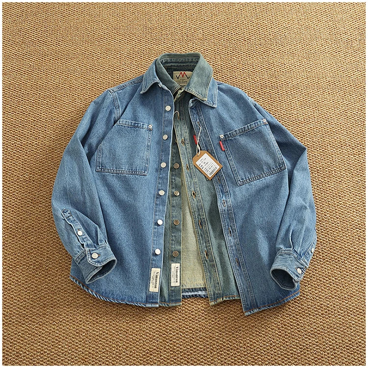 Spring Autumn New American Retro Long-Sleeve Lapel Solid Color Denim Shirt Men's Fashion 100% Cotton Washed Old Casual Blouses