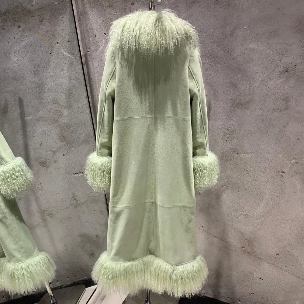 Suede Coat Fur Collar Women Autumn Genuine Sheepskin Coat Long with Mongfolian Fur Trim