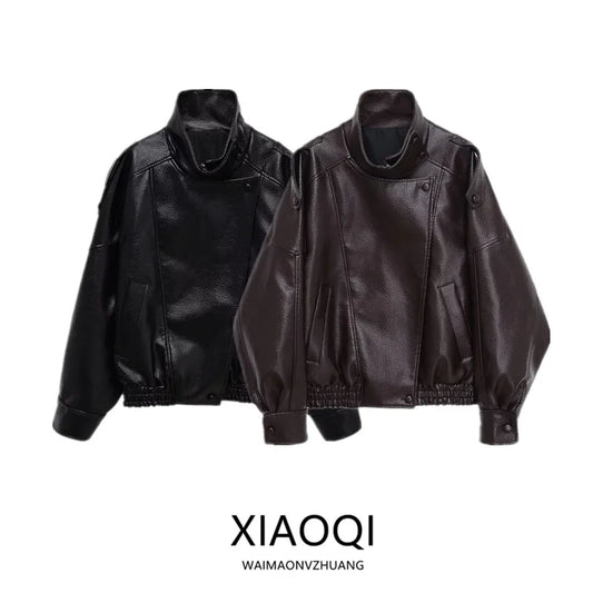 Loose Design Women's Leather Jaet ort Outerwear Warmth Ladies Faion Autumn New Sle Zipper Closure No Hat