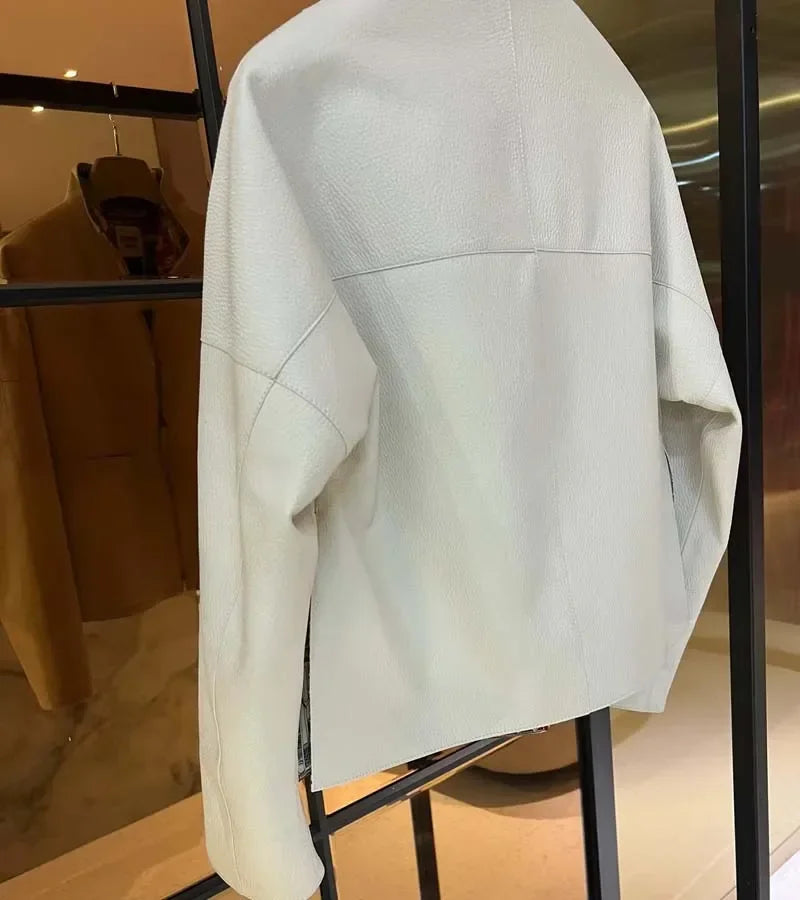 New fashion 2025 women coat sspring orange import real sheepskin jacket floral pattern lining short length big pockets