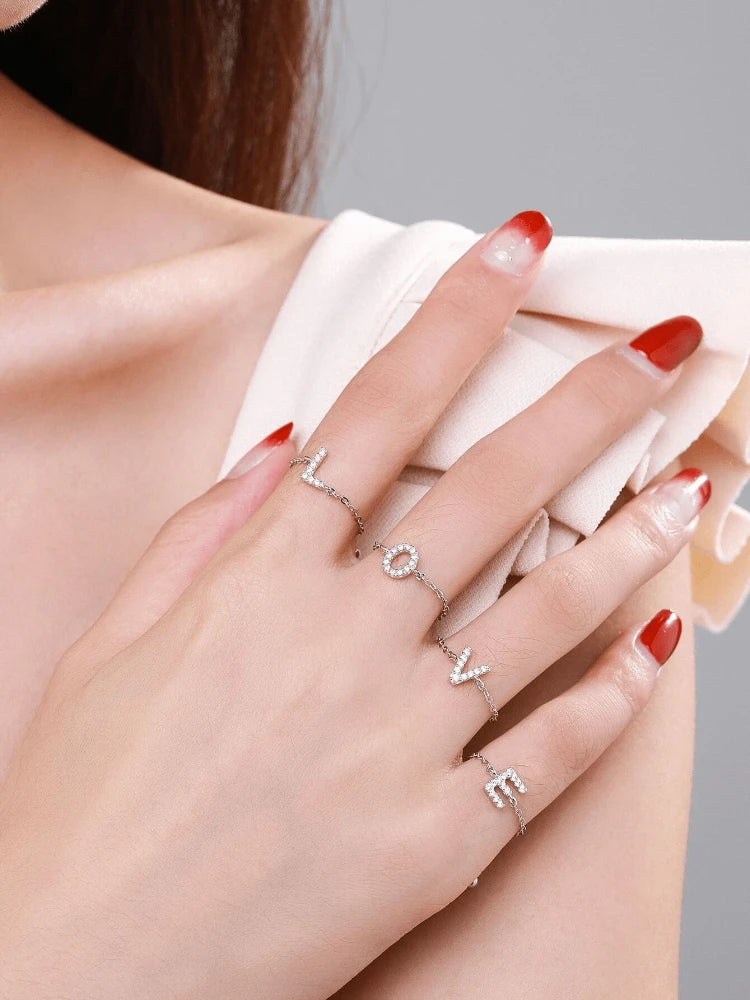 925 Sterling Silver Fashion Letter Chain Adjustable Full Zircon Ring For Women Party Personalized High Quality Fine Jewelry