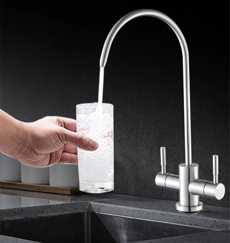 1/4'' Drinking Water Filter Kitchen Faucet Stainless Steel Double Holes Water Purifier Tap Reverse Osmosis RO Faucet 360° Swivel