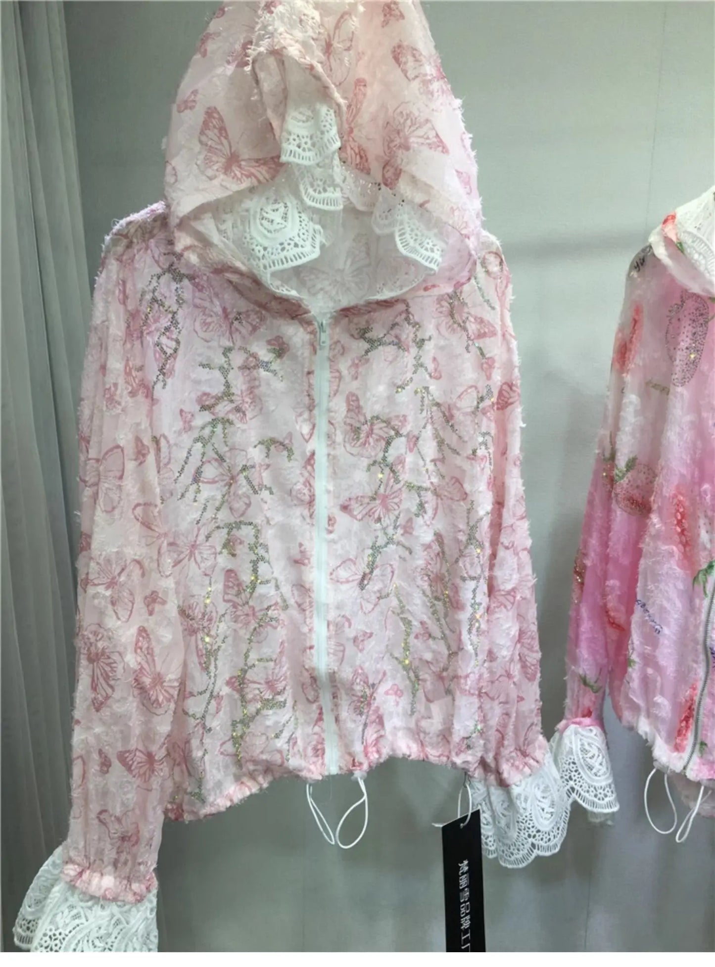 Women Hot Drilling Diamonds Beaded Sunscreen Hoodies Shirts Coat Strawberry Butterfly Lace Spliced Blouses Zipper Cardigan Tops