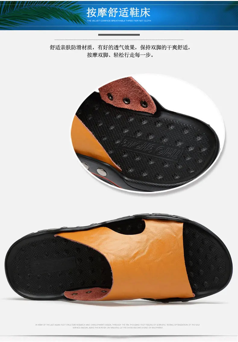 Genuine Leather Slippers for Men Casual Big Size Wear-Resistant Non-slip Fashion Flat Breathable Comfortable Shoes Summer Main