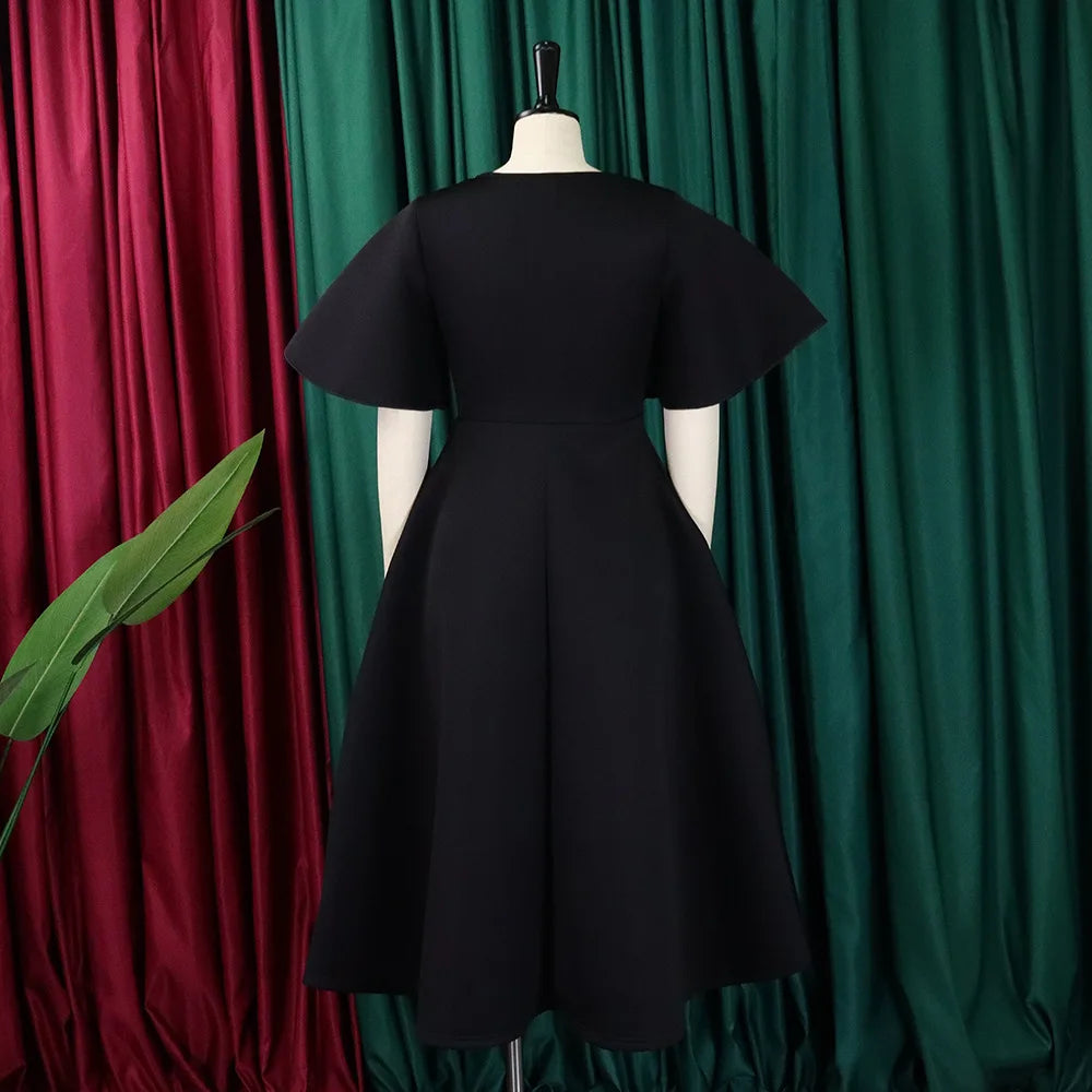 Elegant Dresses for Women V Neck Flare Sleeve High Waisted Pleated A Line Mid Calf Luxury Birthday Party Dinner Vestidos Mujer